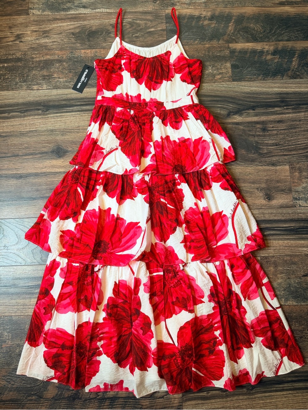 Karl Lagerfeld Paris Tiered Floral Print Red and White Maxi Dress size 6 - Picture 15 of 16